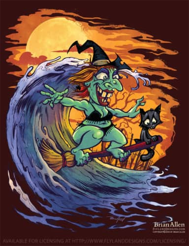 Halloween illustrations of a witch surfing a wave on her broomstick, a kid building a sandcastle on top of a buried zombie, a vampire getting a moon-tan, and a mummy being unravelled by a seagull exposing a little mummy butt