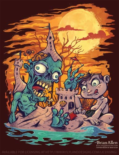Halloween illustrations of a witch surfing a wave on her broomstick, a kid building a sandcastle on top of a buried zombie, a vampire getting a moon-tan, and a mummy being unravelled by a seagull exposing a little mummy butt