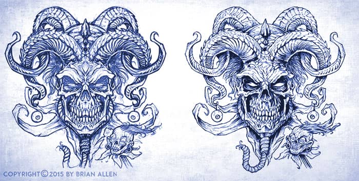 Sketch of A head with glowing light green eyes and splintered teeth with many sets of winding horns coming out of the top. Like a menacing jester, it has a creepy smile and has a small shrunken head next to it. Text above reads "Hang the Jester"
Artwork by Brian Allen, Flyland Designs