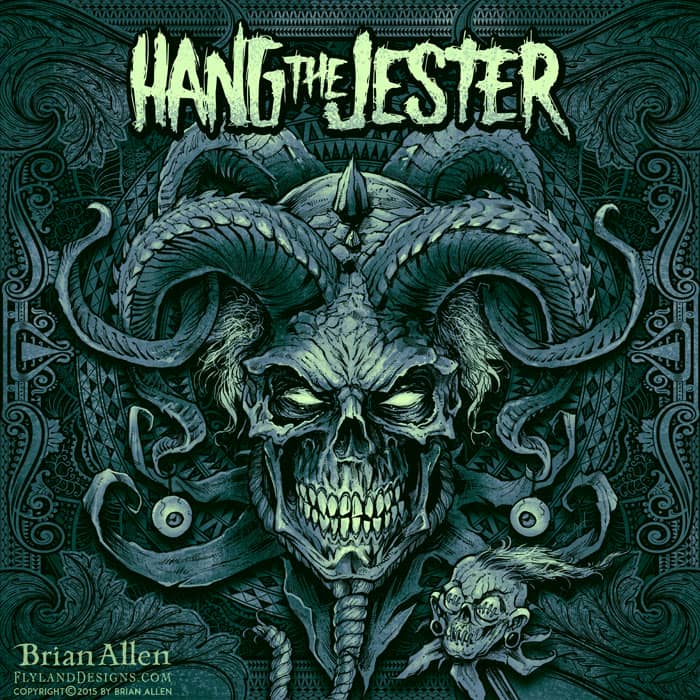 A head with glowing light green eyes and splintered teeth with many sets of winding horns coming out of the top. Like a menacing jester, it has a creepy smile and has a small shrunken head next to it. Album artwork for Hang the Jester. Text above reads "Hang the Jester"
Artwork by Brian Allen, Flyland Designs