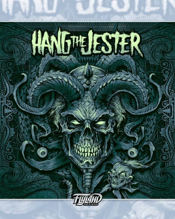 The band Hang The Jester hired me to create this detailed illustration of an evil jester made of a skull and horns for their latest album cover