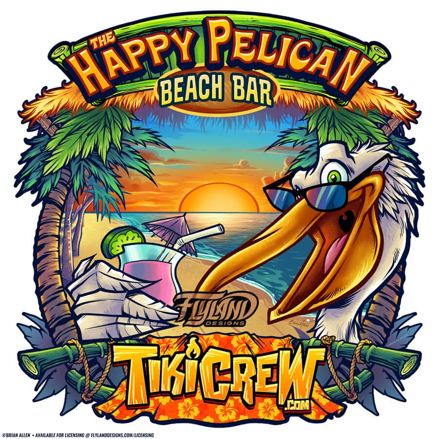 Colorful pelican sipping a cocktail on the beach