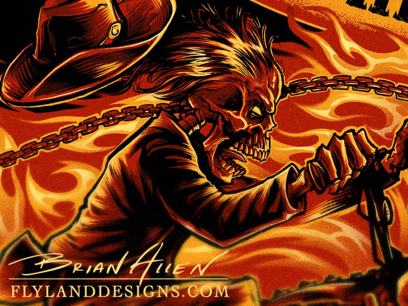 T-Shirt illustration of a skeleton on fire riding a chopper motorcycle