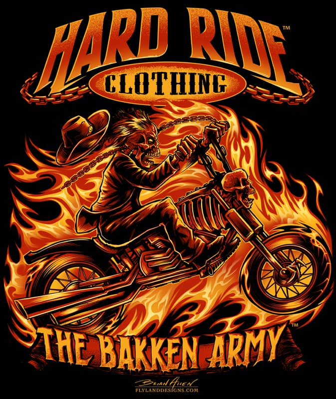 T-Shirt illustration of a skeleton on fire riding a chopper motorcycle