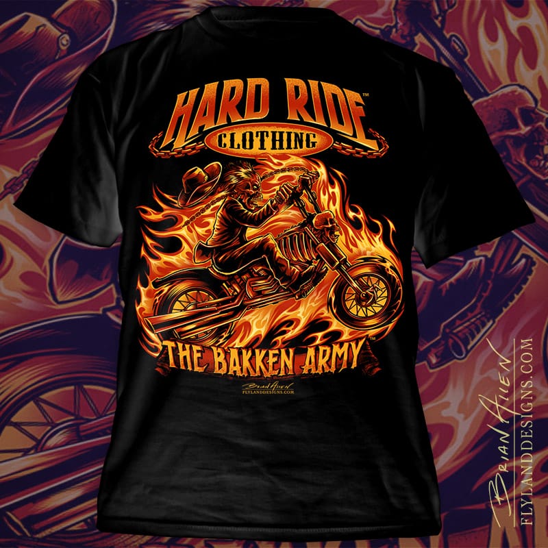 T-Shirt illustration of a skeleton on fire riding a chopper motorcycle