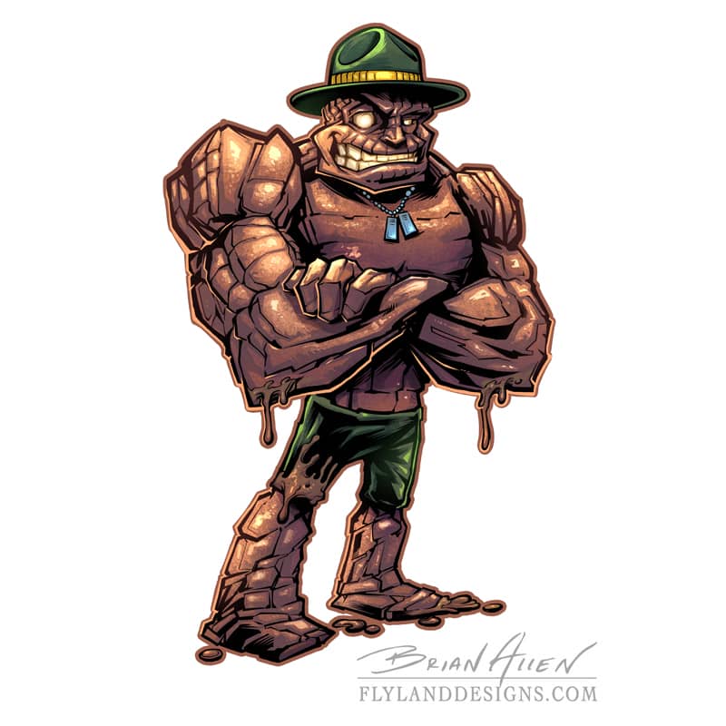 Mascot design of a rock drill instructor for a mud run obstacle course