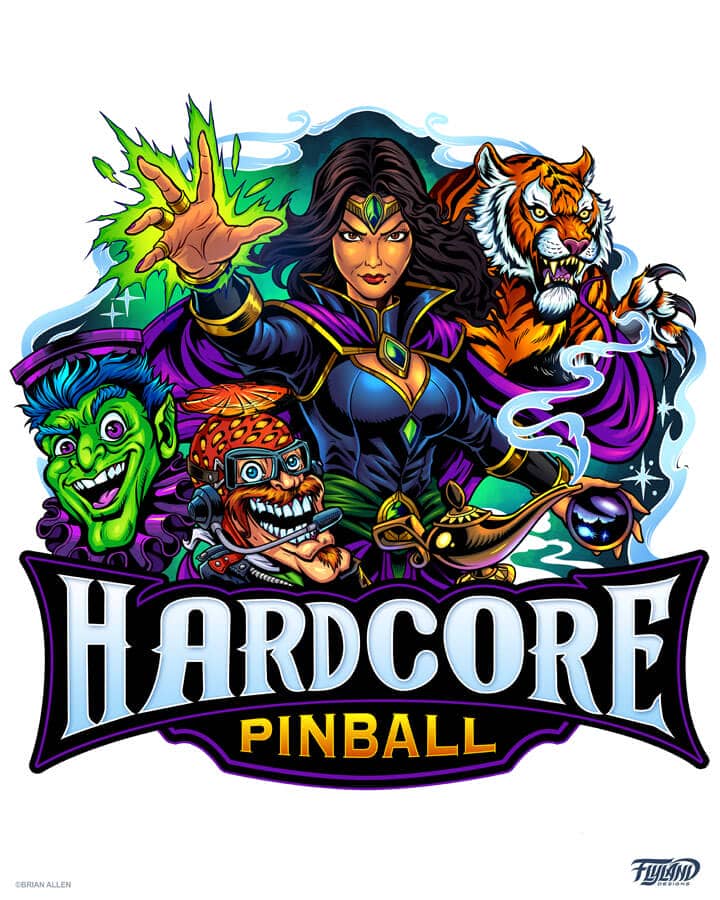 A pinball inspired logo illustration of a sorceress, tiger, genie lamp and other characters for Hardcore Pinball, drawn by artist Brian Allen