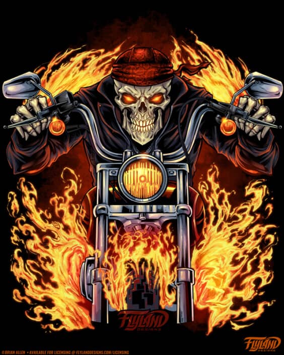 A skeleton drives a flaming motorcycle, illustration by Brian Allen