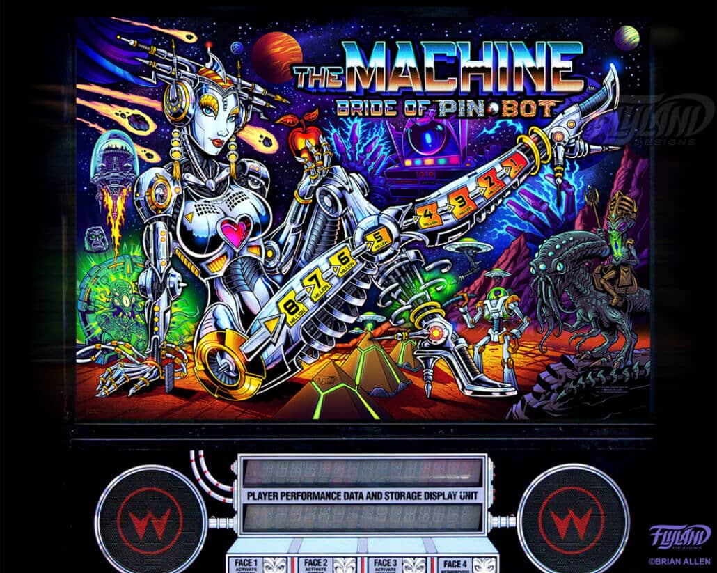 Alternate Translite and Backglass of the popular pinball game The Machine: Bride of Pinbot drawn by artist Brian Allen showing a female robot in space