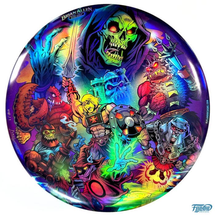 Drawing of He-Man Masters of the Universe characters includeing Lock jaw and Skeletor on a Foil Discraft Buzzz Disc artwork drawn by artist Brian Allen