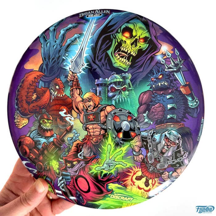 Drawing of He-Man Masters of the Universe characters includeing Lock jaw and Skeletor on a Foil Discraft Buzzz Disc artwork drawn by artist Brian Allen