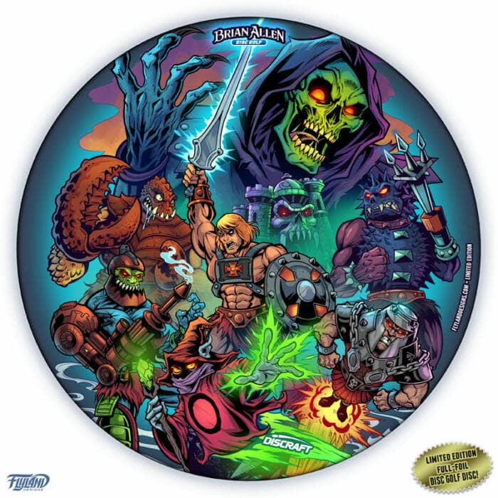 Drawing of He-Man Masters of the Universe characters includeing Lock jaw and Skeletor on a Foil Discraft Buzzz Disc artwork drawn by artist Brian Allen