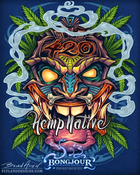 Tiki head t-shirt illustration with marijuana leaves and pot smoke