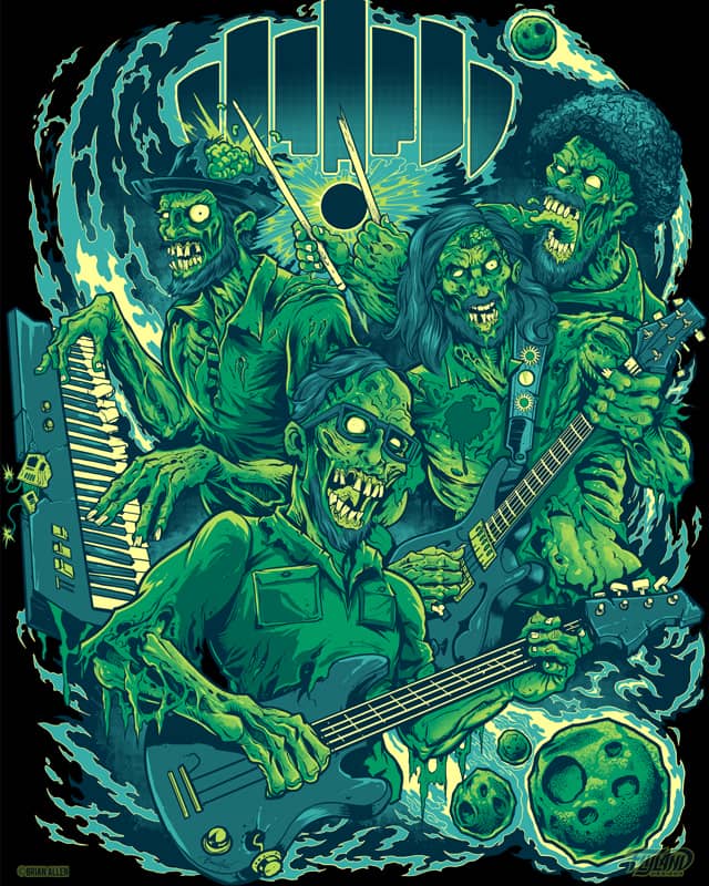 t-Shirt Design of Living Dead Zombie Band Playing Guitar, Keyboard, and Drums in Space during Meteor Shower