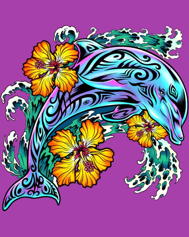 An illustration of a dolphin with hibiscus flowers
Artwork by Brian Allen, Flyland Designs