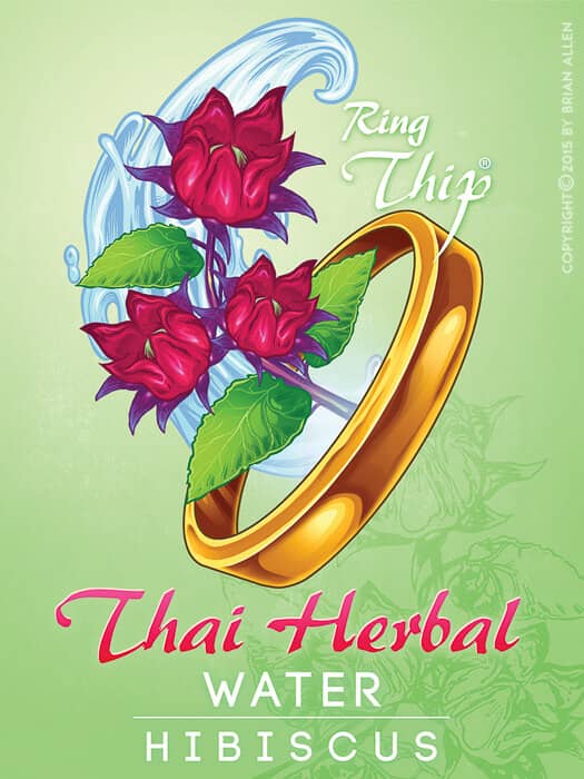 Ring Thip Thai Thai label featuring pink hibiscus flowers in a golden ring. Designed by Brian Allen Flyland designs.
