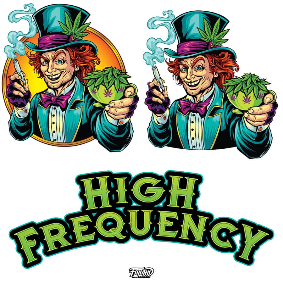 Logo design illustration of a Mad Hatter smoking a joint holding a teacup filled with pot leaves for a Cannabis shop called High Frequency