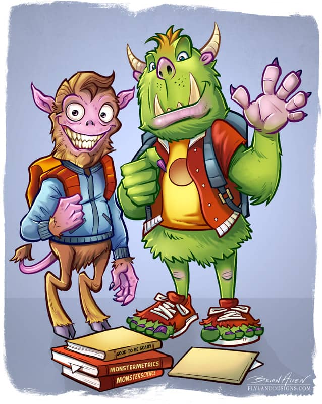 Colorful illustration of two monsters as high school students with backpacks