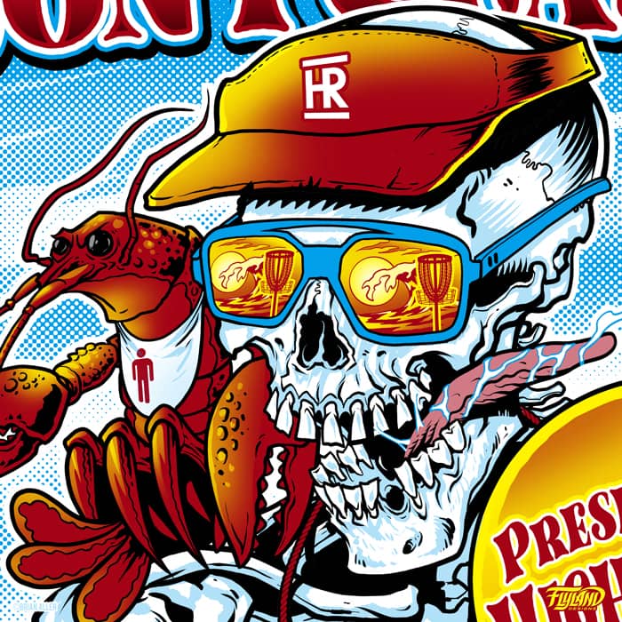 an illustration of a skeleton wearing sunglasses and throwing a disc golf disc while a lobster sits on its shoulder and directs the throw in the beach in front of a lighthouse.