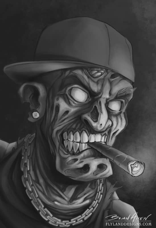 Gangster hip-hop zombie digital painting smoking a cigar