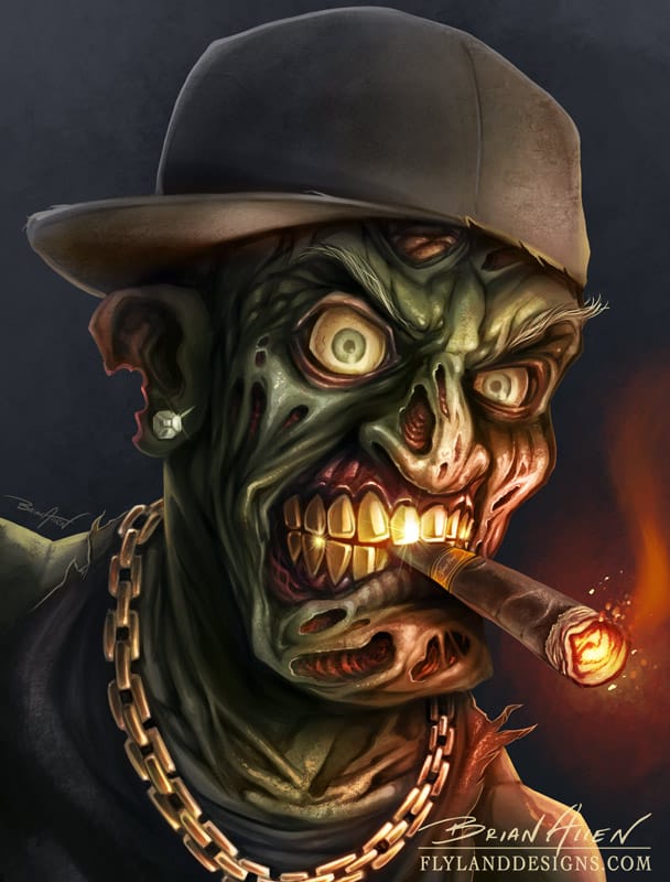 Gangster hip-hop zombie digital painting smoking a cigar