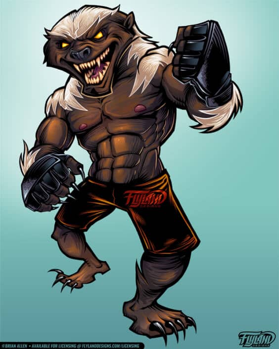 An angry honey badger with yellow eyes prepares to fight. Illustration by Brian Allen.