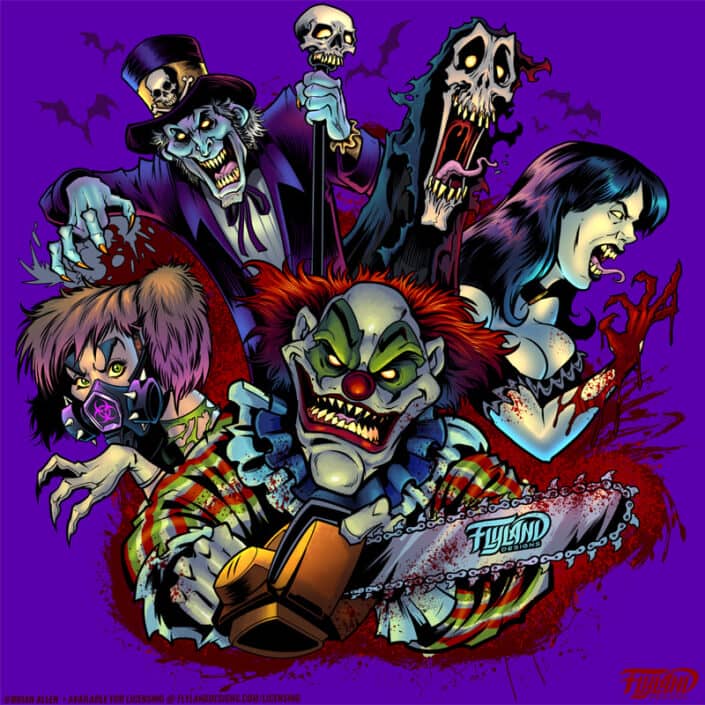 A cartoon rendition of iconic horror characters, illustration by Brian Allen