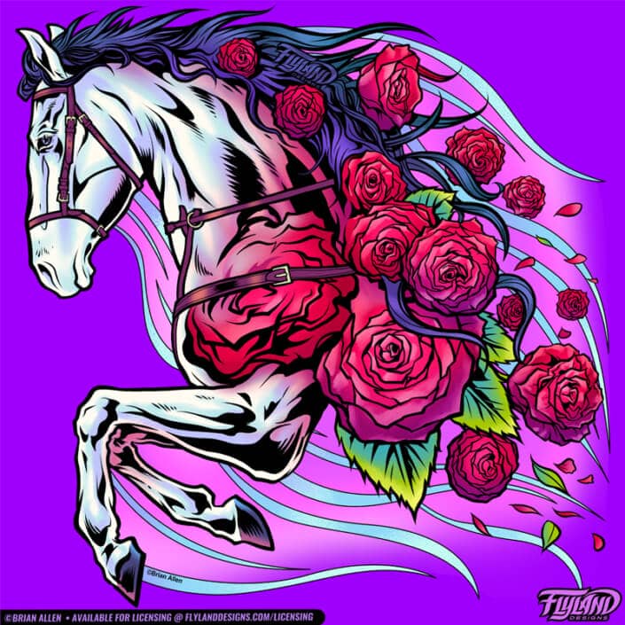 A white horse has pink roses in it's mane, illustration by Brian Allen