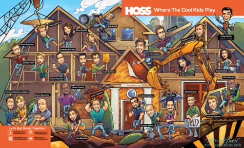 Celebrity caricatures building a house done for Hoss magazine. Text reads "Hoss Where the Cool Kids Play"
Artwork by Brian Allen, Flyland Designs