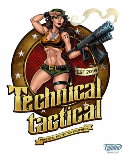 Logo design I created for the online gun and armor shop, Technical Tactical, featuring their new mascot, this lovely lady holding a giant rifle.