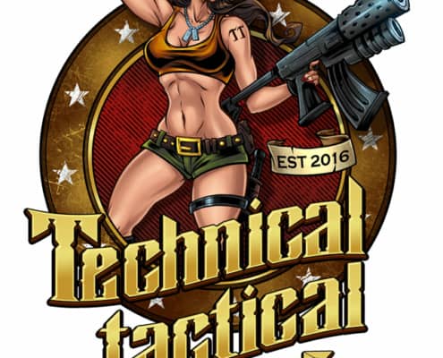 Logo design I created for the online gun and armor shop, Technical Tactical, featuring their new mascot, this lovely lady holding a giant rifle.