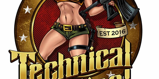 Logo design I created for the online gun and armor shop, Technical Tactical, featuring their new mascot, this lovely lady holding a giant rifle.