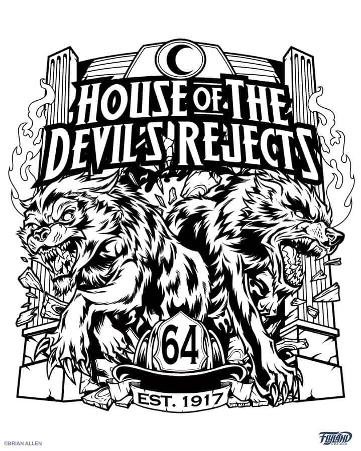 A black and white logo illustration of 2 hellhounds surrounded by fire for the House of the Devil's Rejects, drawn by artist Brian Allen