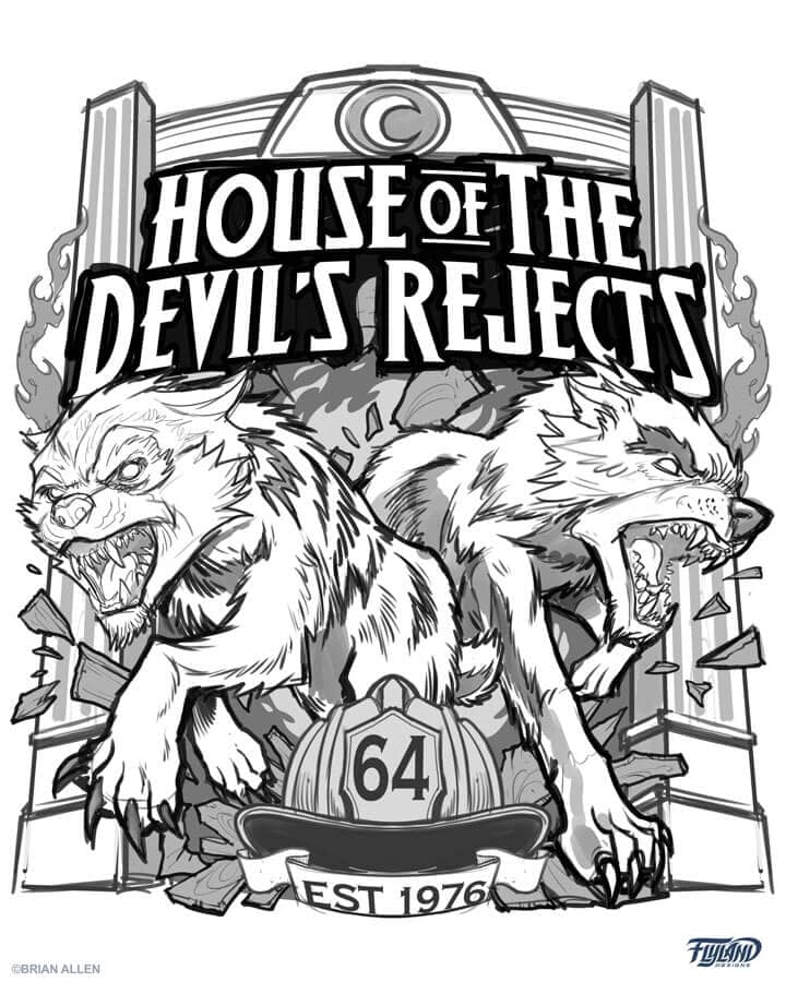 A logo sketch of 2 hellhounds surrounded by fire for the House of the Devil's Rejects, drawn by artist Brian Allen
