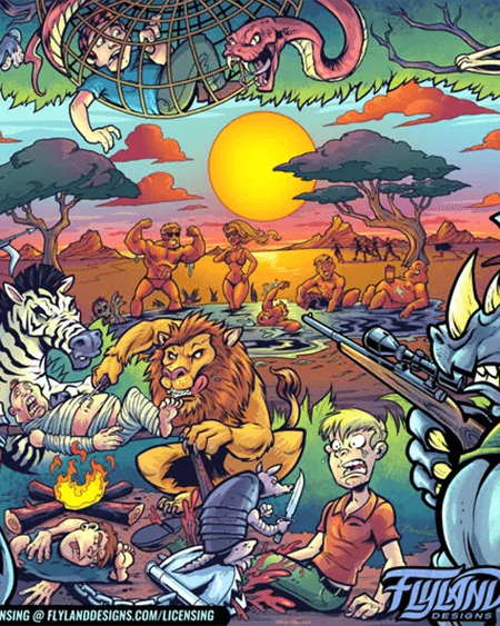 A scene depicting many different species of animals fighting humans in a bloody battle. The humans are trying to invade the animals' habitat, and they are fighting back.