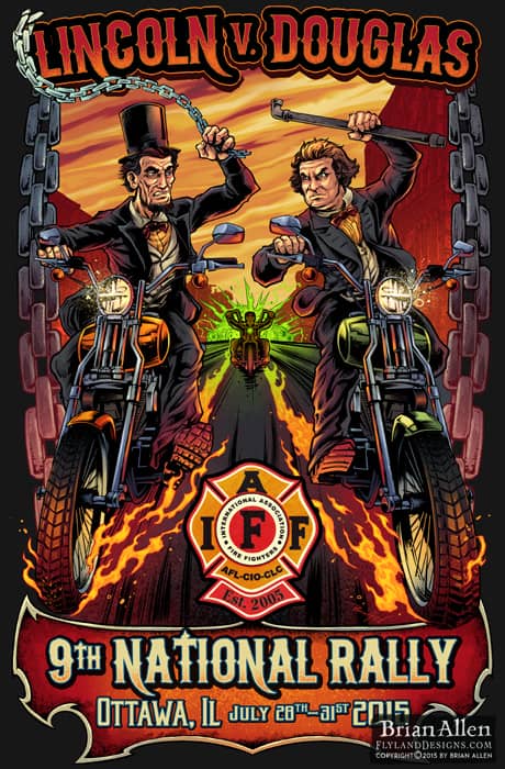 Abraham Lincoln and Douglas riding motorcycles through Ottawa and fighting.