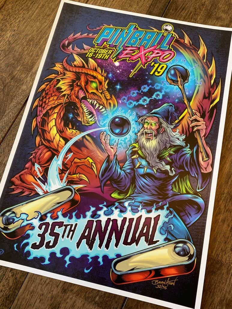 Pinball Expo 2019 poster of a Dragon fighting a Wizard in space