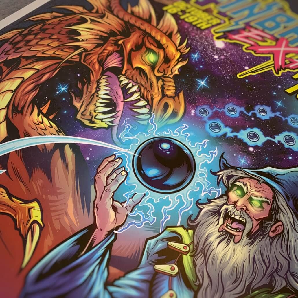 Pinball Expo 2019 poster of a Dragon fighting a Wizard in space