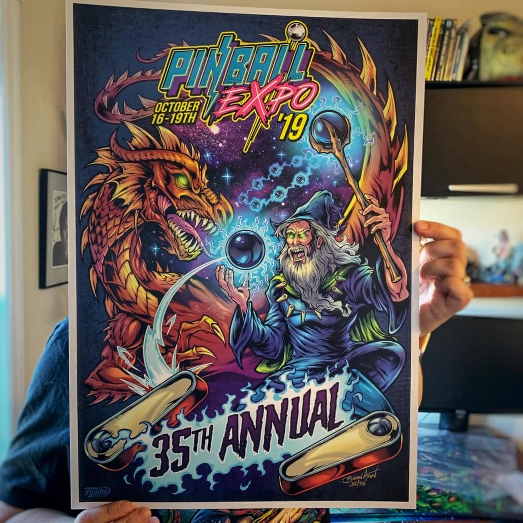 Pinball Expo 2019 poster of a Dragon fighting a Wizard in space