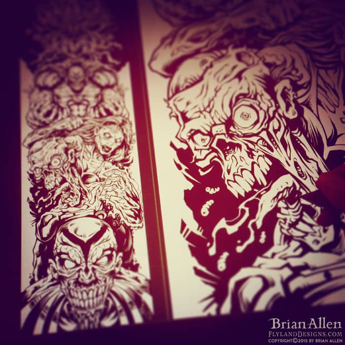 Laser-engraved skateboard design of a team of zombie superheroes