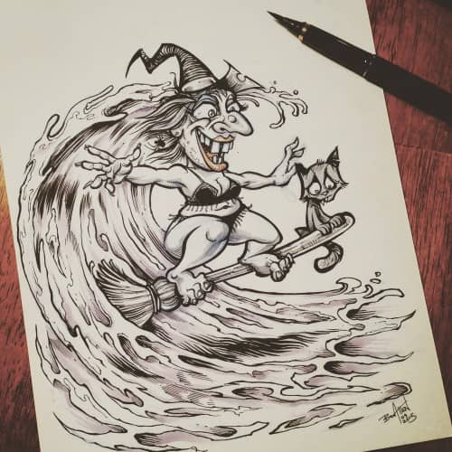 Halloween illustrations of a witch surfing a wave on her broomstick, a kid building a sandcastle on top of a buried zombie, a vampire getting a moon-tan, and a mummy being unravelled by a seagull exposing a little mummy butt