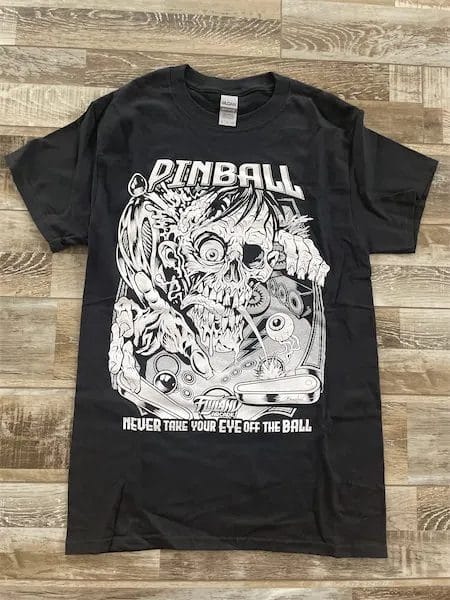 A Zombie Pinball themed t-shirt featuring the inner workings of the arcade machine with eyeballs for the pinball. 