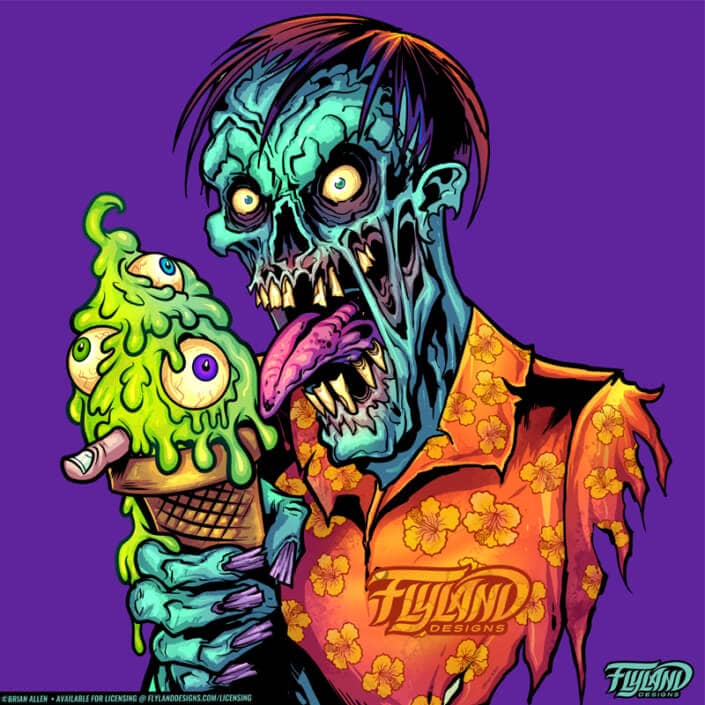 A teal zombie eats an ice cream cone with eyeballs and fingers in it, illustration by Brian Allen