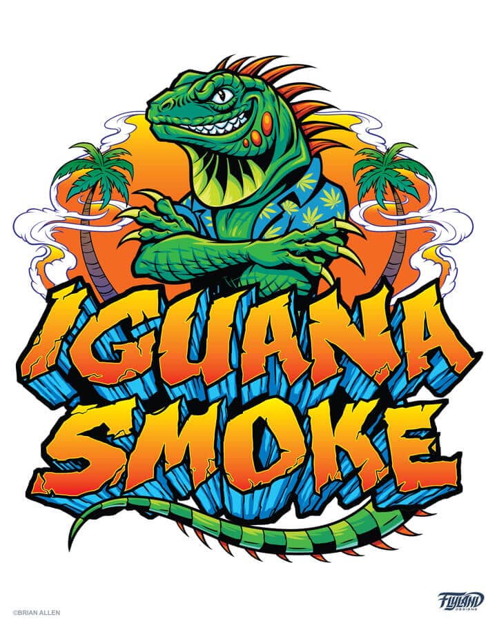 A logo illustration of an Iguana with palm trees and smoke for Iguana Smoke, drawn by artist Brian Allen