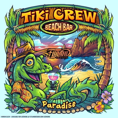 Colorful iguana sipping a drink on the beach between two palm trees for a T-Shirt Design