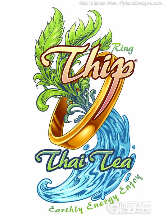 Bottle label design for tea featuring illustration.