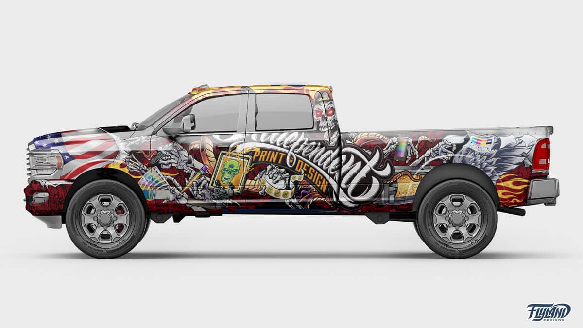 A vehicle wrap decorating a truck with Skull and wings, and skeleton with wrapping tools and materials drawn for a truck vehicle vinyl wrap