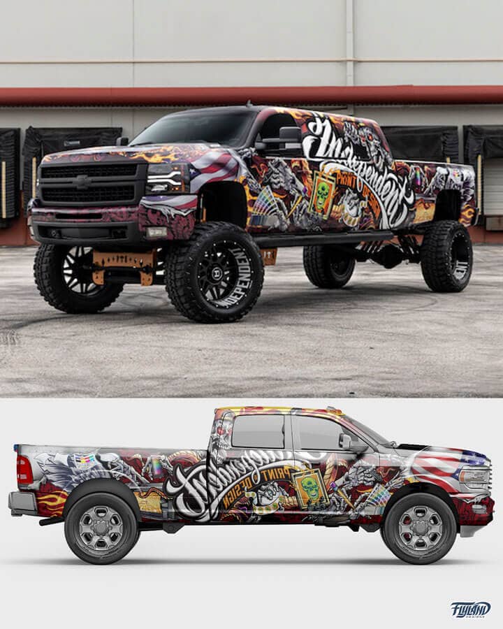 A vehicle wrap decorating a truck with Skull and wings, and skeleton with wrapping tools and materials drawn for a truck vehicle vinyl wrap