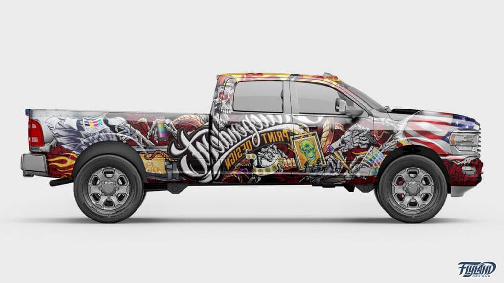 A vehicle wrap decorating a truck with Skull and wings, and skeleton with wrapping tools and materials drawn for a truck vehicle vinyl wrap
