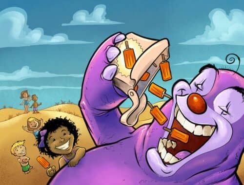 Children's book illustration of a clown elephant creature eating creamsicles